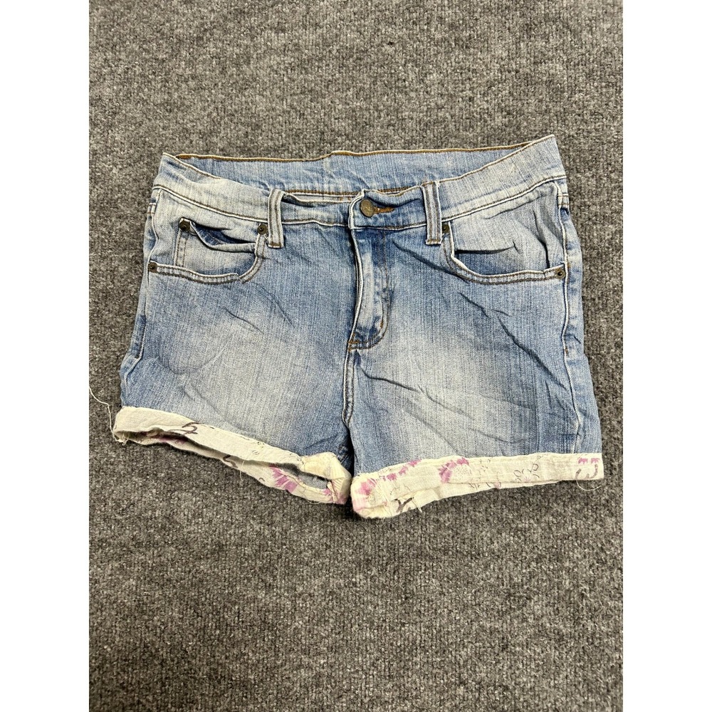 Cheap Monday Denim Shorts Womens 28 Light Wash Cuffed Floral Print Detail Stains